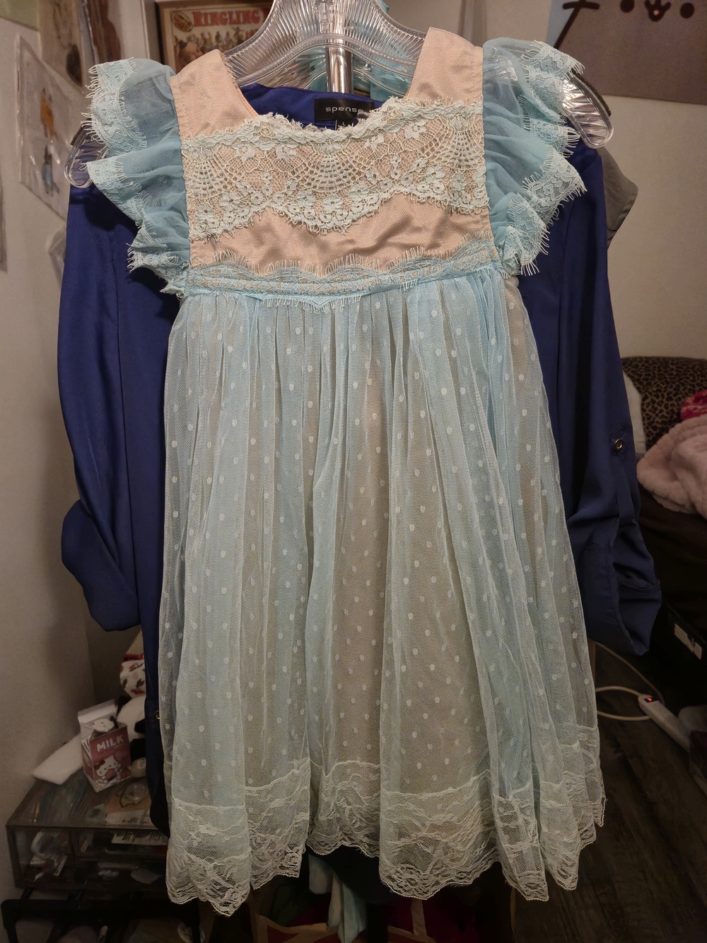 Girls Trish Scully Sz 7 Adriana Lt Blue Lace Dot Tulle Dress Sunday Party